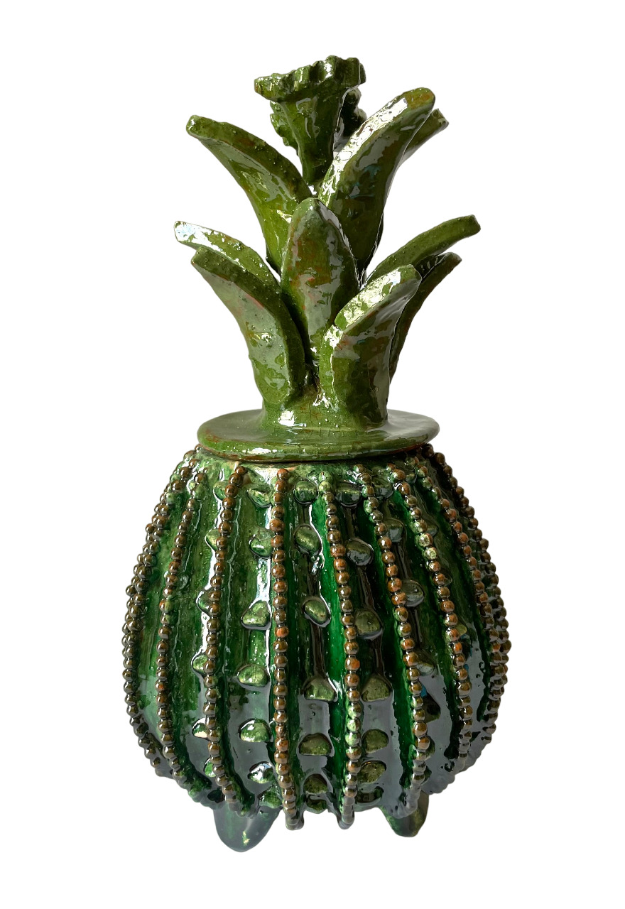 Glazed Pineapple - Home Decoration Mexican Folk Art - 11 IN/28CM - Green, Glossy