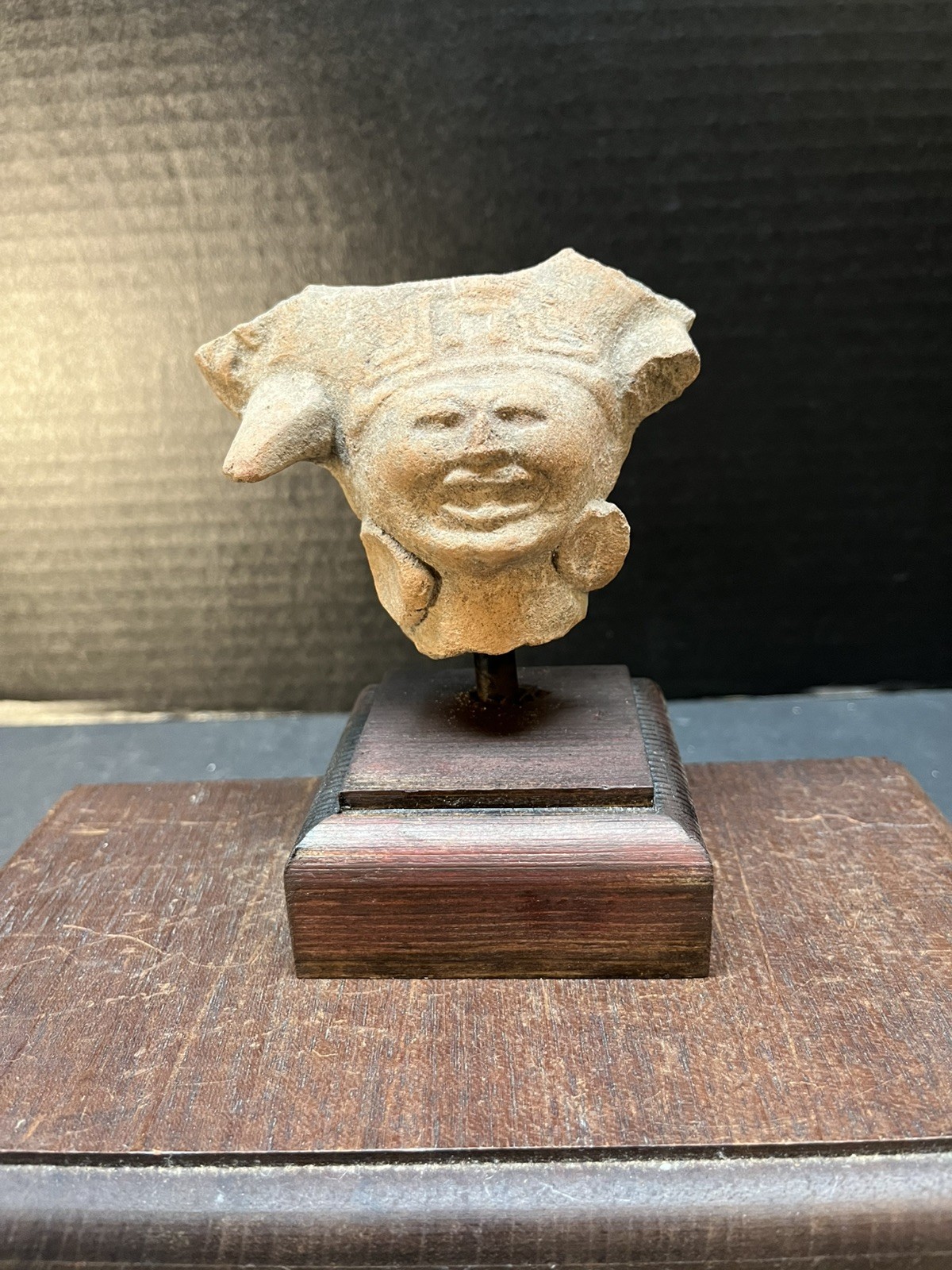 Pre-Columbian Veracruz Pottery Head Fragment Mounted On Stand 900AD.