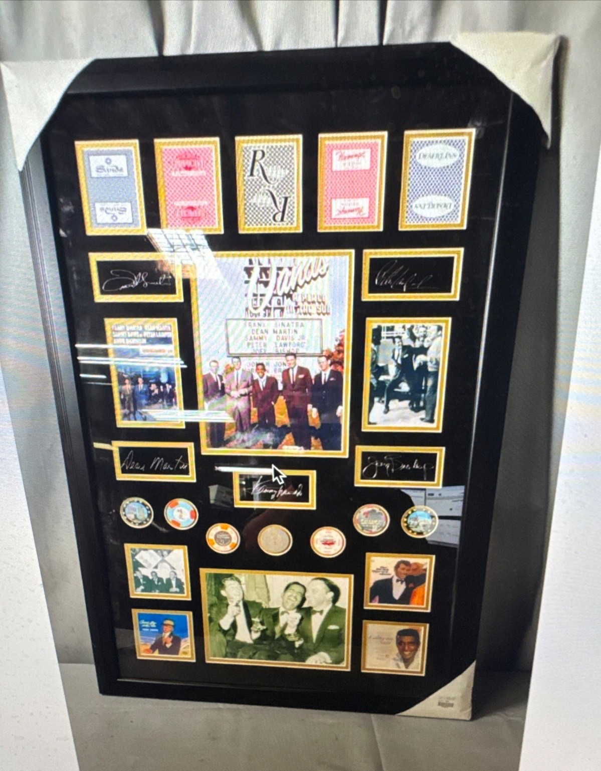 Rat Pack Las Vegas Sands Hotel Photo Framed with Casino Cards and Poker Chips
