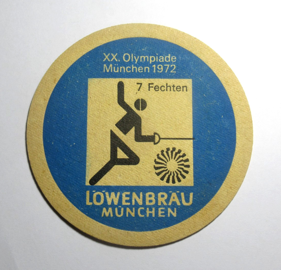 Vintage 1972 Munich Olympics Lowenbrau Beer Coaster Fencing Fechten Germany