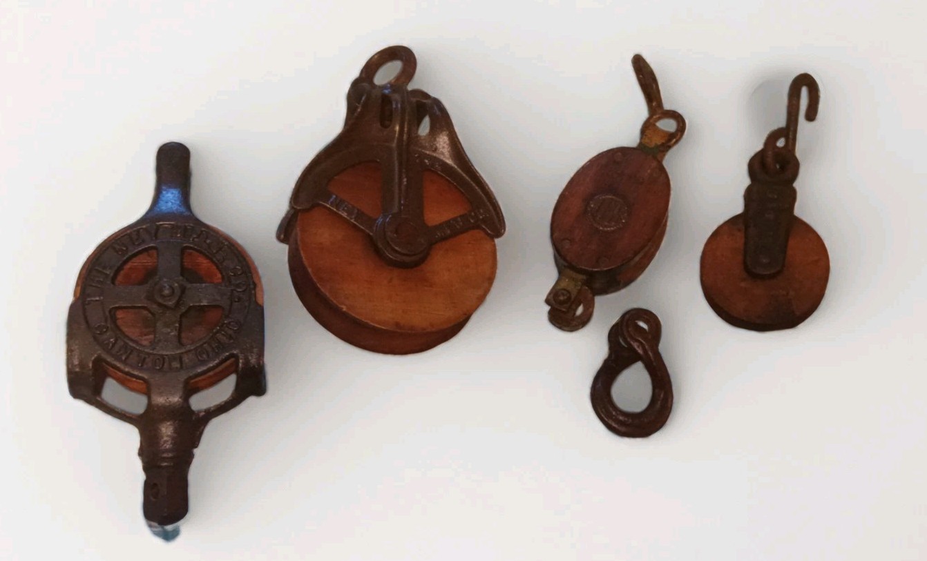 Antique Wood Cast Iron Pulley Block & Tackle Barn Hayloft Lot of 4 Ney MFG Co UW