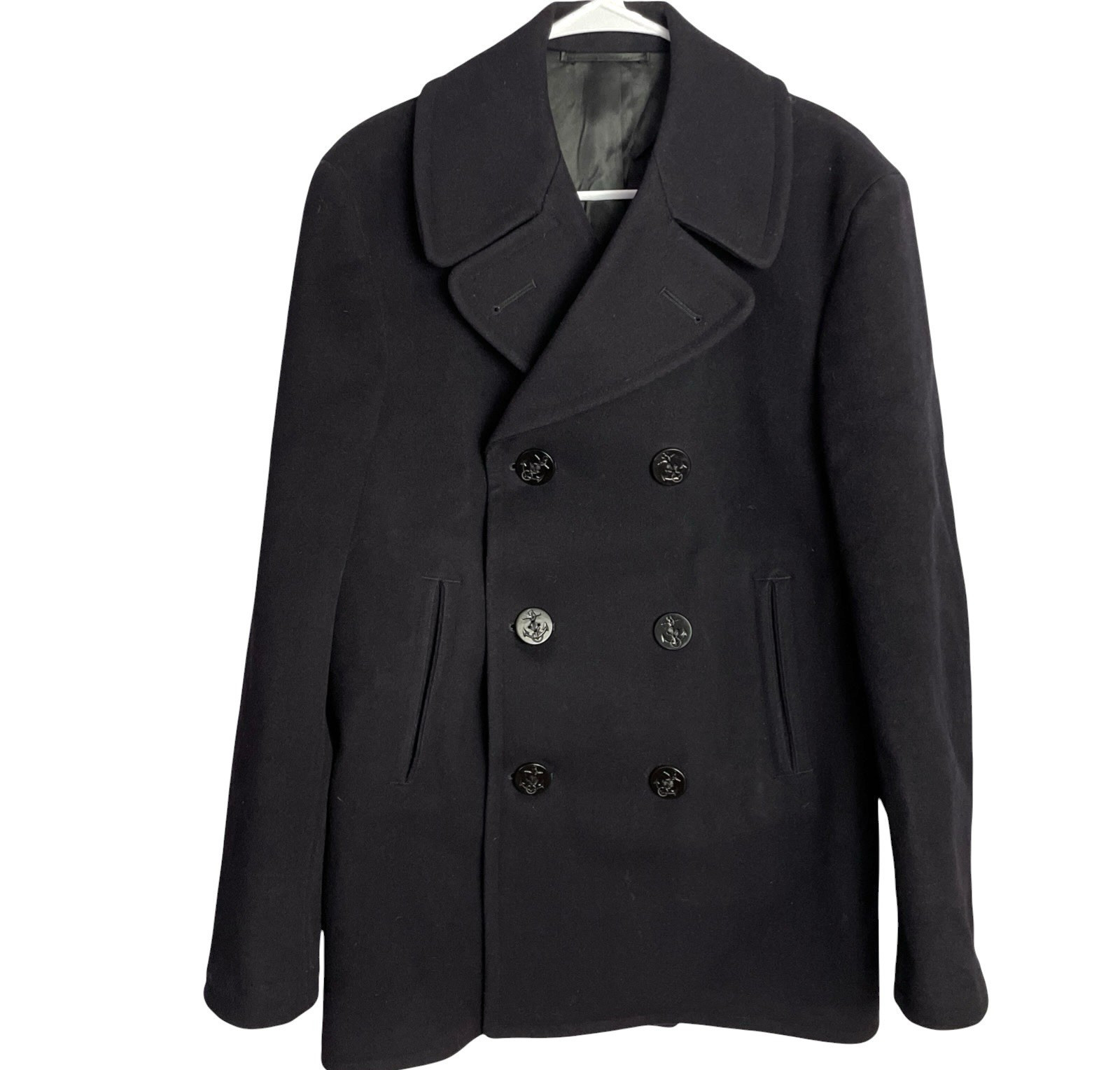 Vtg USN Navy Wool Kersey Peacoat Coat Mens 38R Black Double Breasted 60s Heavy