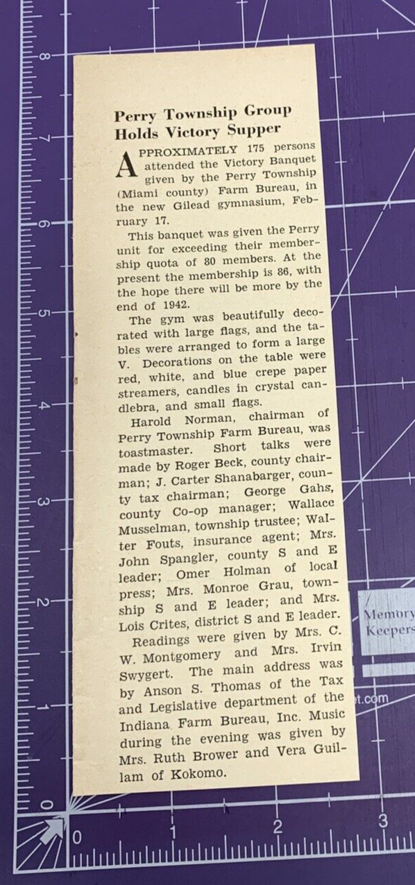 PERRY TOWNSHIP GROUP HOLDS VICTORY SUPPER THE HOOSIER FARMER 1942 PRINT ARTICLE