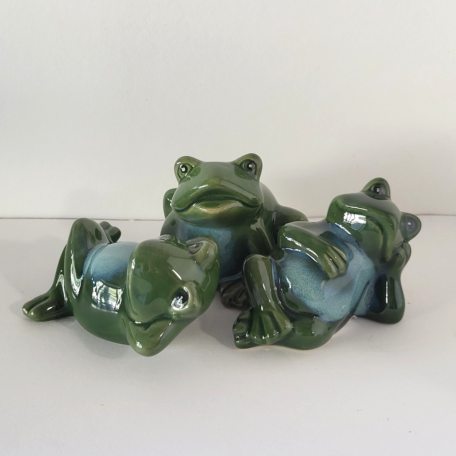 Frog Toad Garden Decor Porcelain Ceramic Figures Three 3 Set Green Blue Glossy