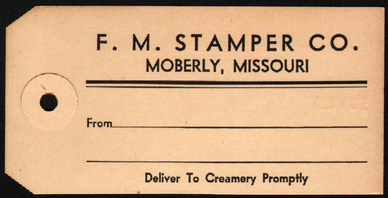 Vintage cream can tag F M STAMPER CO from Moberly Missouri new old stock n-mint