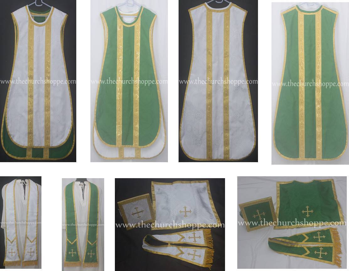  White and Green Reversible Travel Spanish Fiddleback Vestment with 5pc mass set