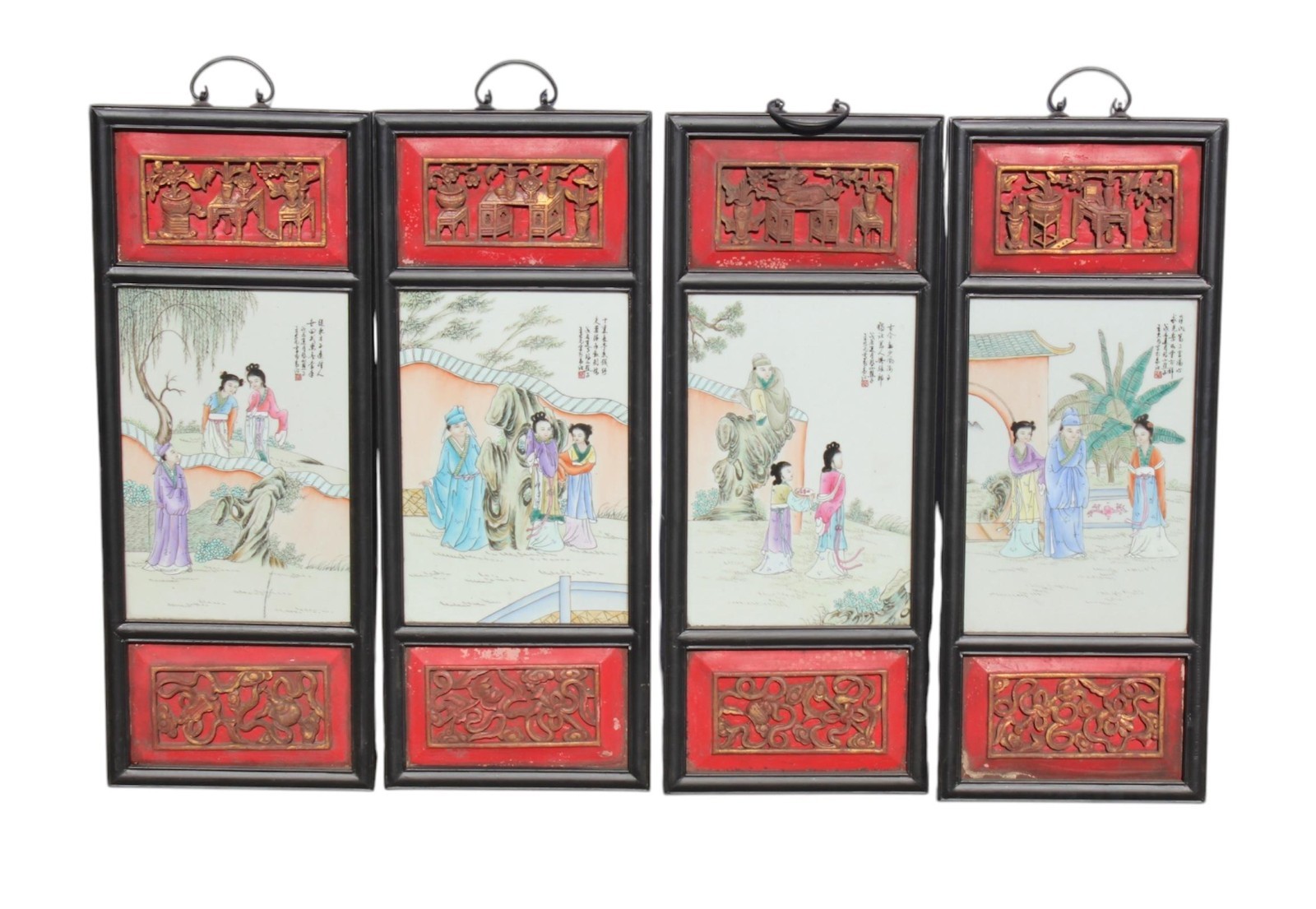 A Wood Framed Fencai Enamel Plaque