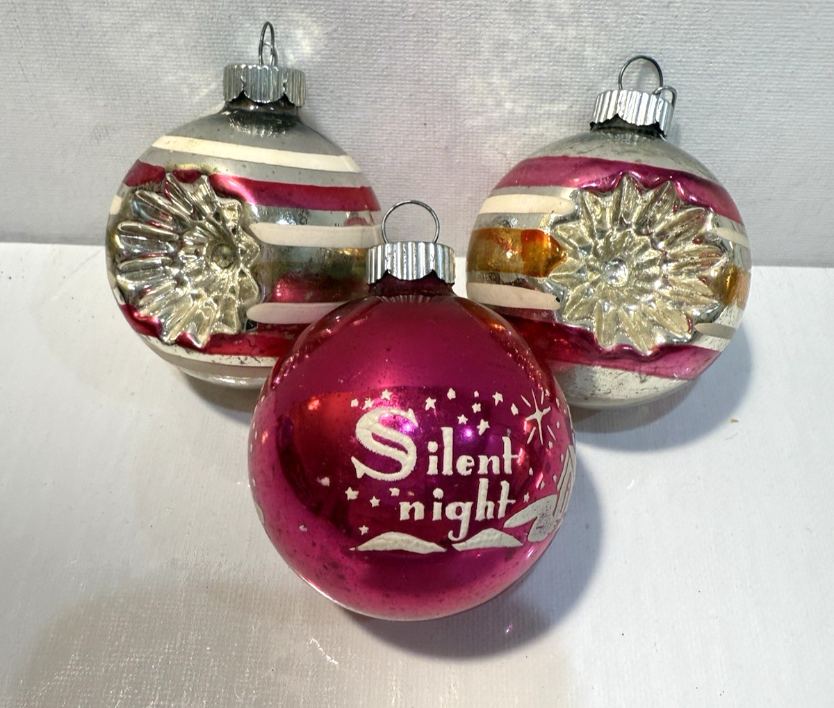 Vtg Shiny Brite Christmas Ornaments Set of 3 Silent Night 1950\'s Indent Glass