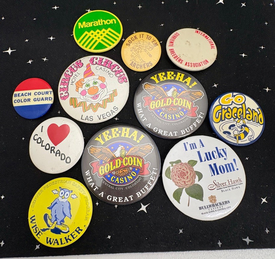 Vintage Pinback Buttons Lot Of 11 Casinos, Businesses, Misc