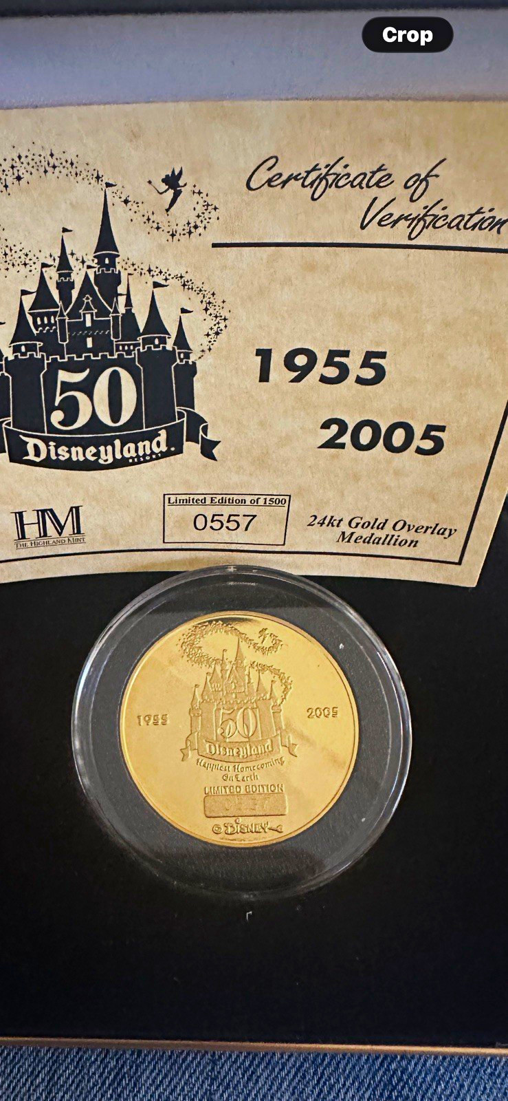 The Highland Mint Disneyland 50th 24kt Gold Overlay Medallion 2005 COA