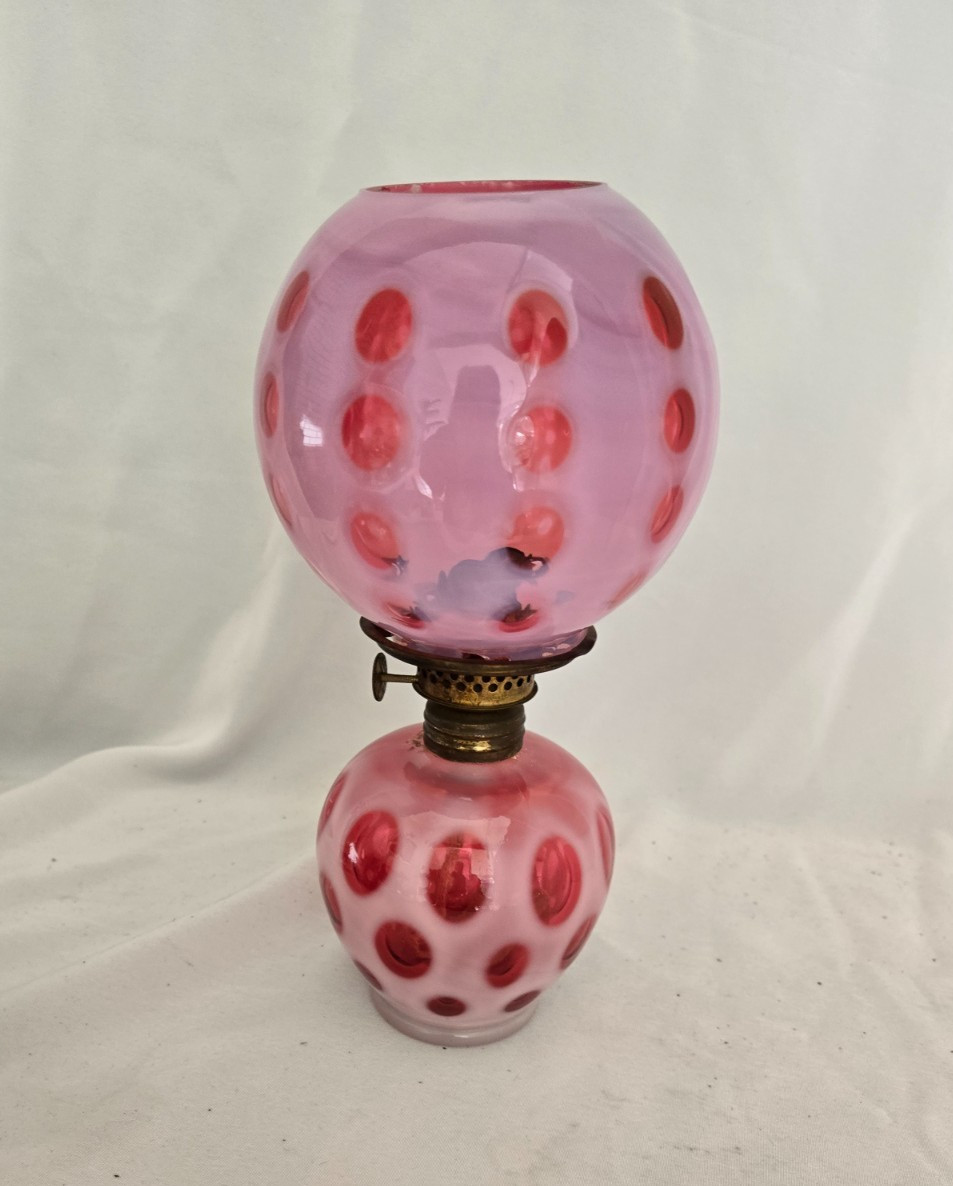 Antique Fenton Cranberry Glass Coin Dot Miniature Oil Lamp