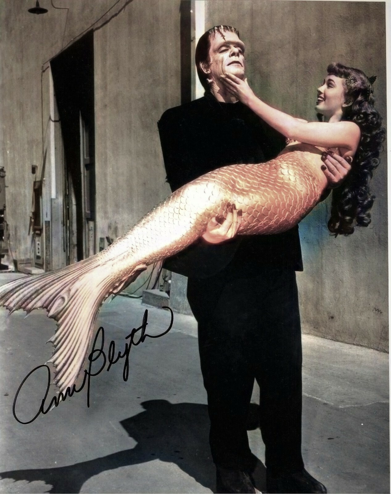 RARE COLOR STILL GLEN STRANGE AS FRANKENSTEIN WITH ANN BLYTH SIGNED