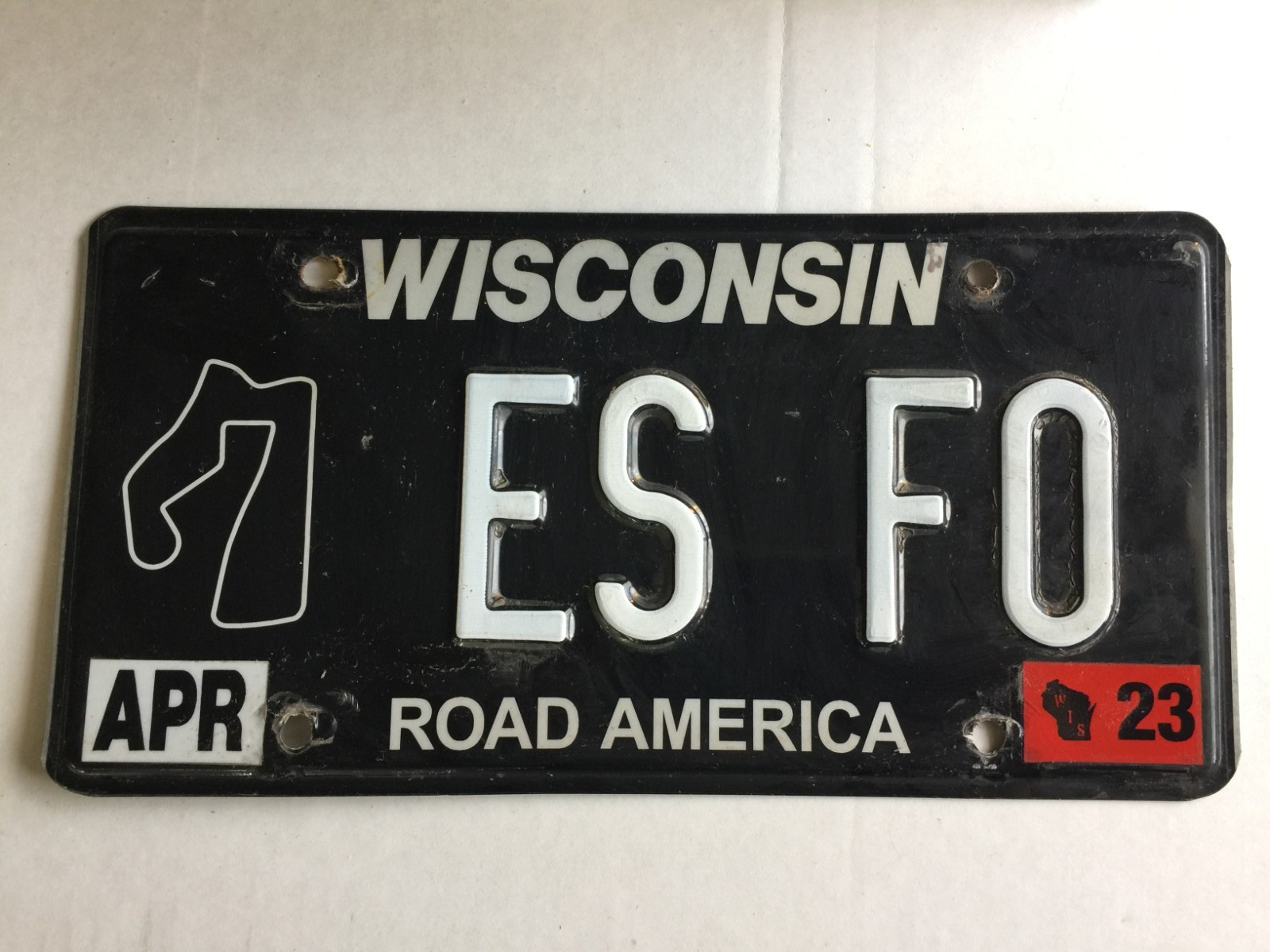 WISCONSIN  Expired  License Plate ES FO ROAD AMERICA BLACK WI VANITY