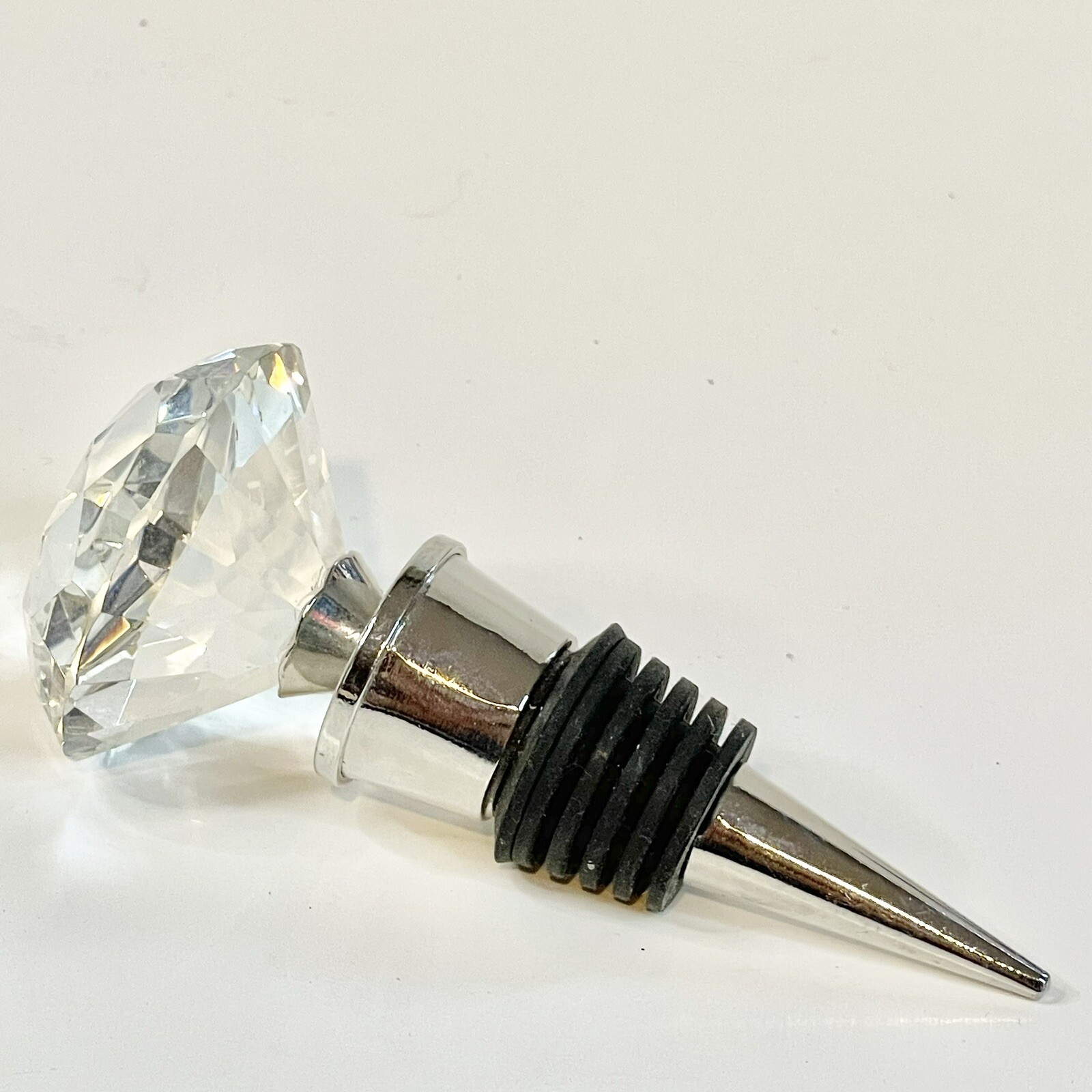 Crystal Look Glass Cut Bottle  Stopper On Stainless Steel 3 3/4” in Length