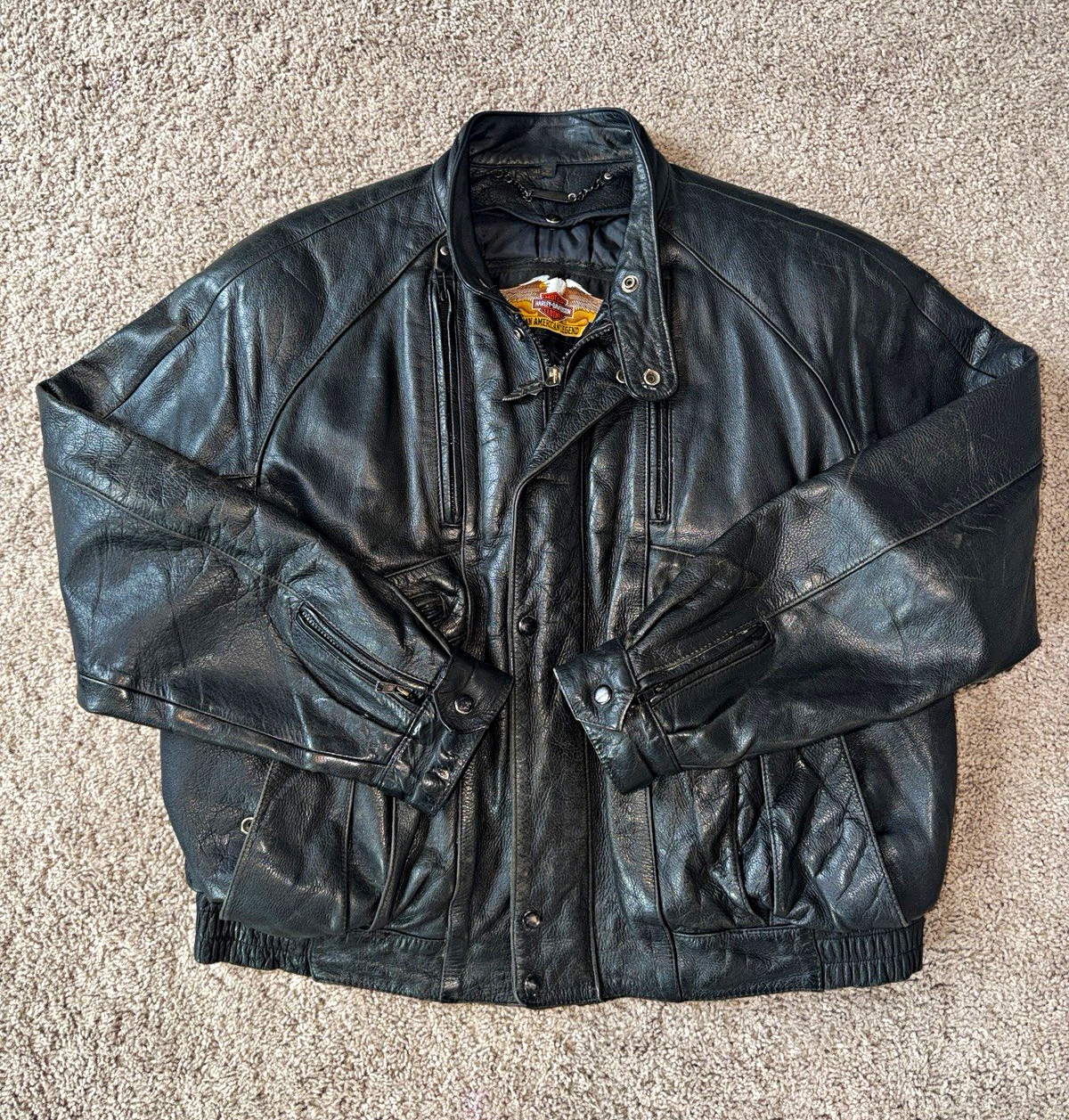 Vtg 80s 90s HARLEY DAVIDSON Heavy Leather Biker Bomber Jacket Size 50 Korea Mens