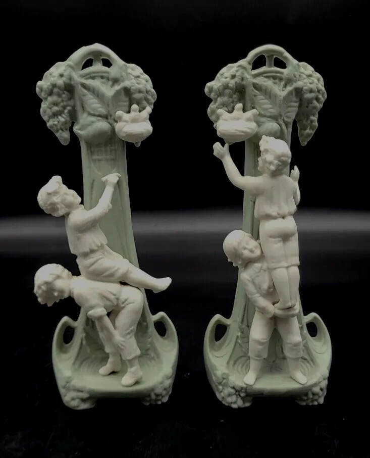 2pc German Art Nouveau Jasperware Bisque Figural Bud Vase Set Birds Nest Boys