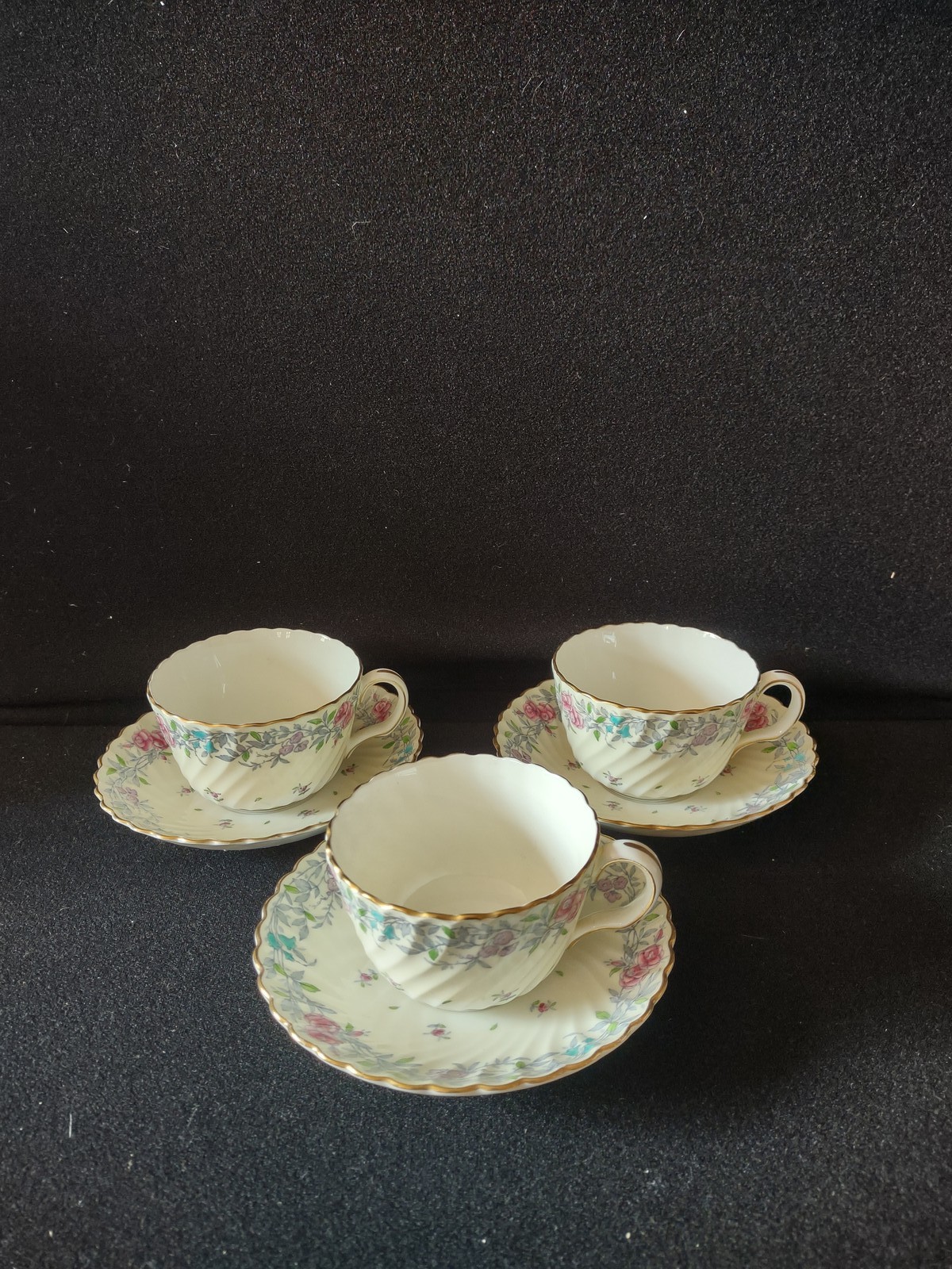 Vintage Minton Printemps Tea Cup Saucer Bone China Floral Gold x 3 (Lot 5474)