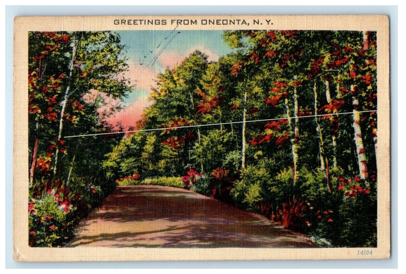 1943 Greetings From Oneonta New York NY, Road View Posted Vintage Postcard