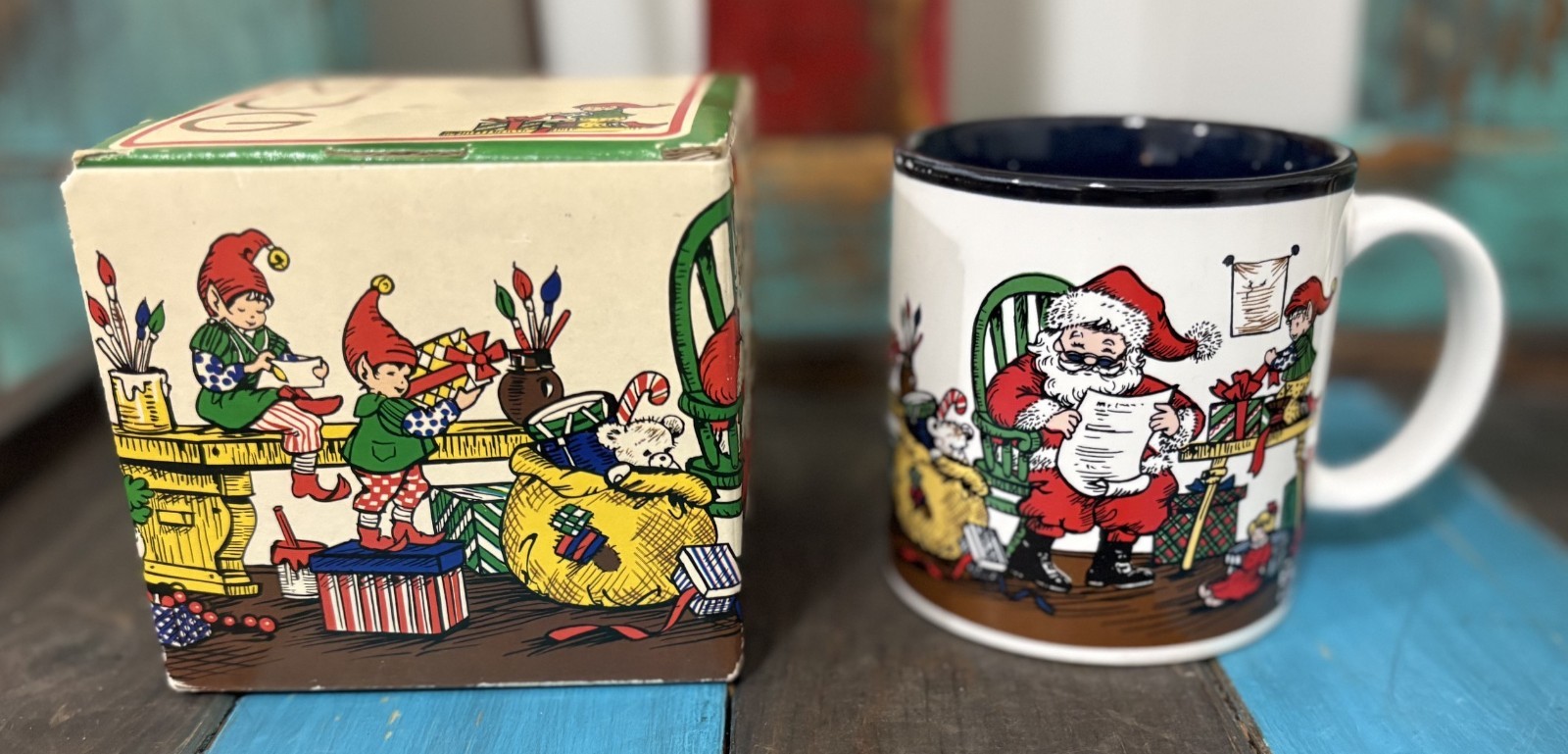 Vintage Potpourri Press Christmas Mug Made in Japan 12 oz. Santa and Elves & BOX