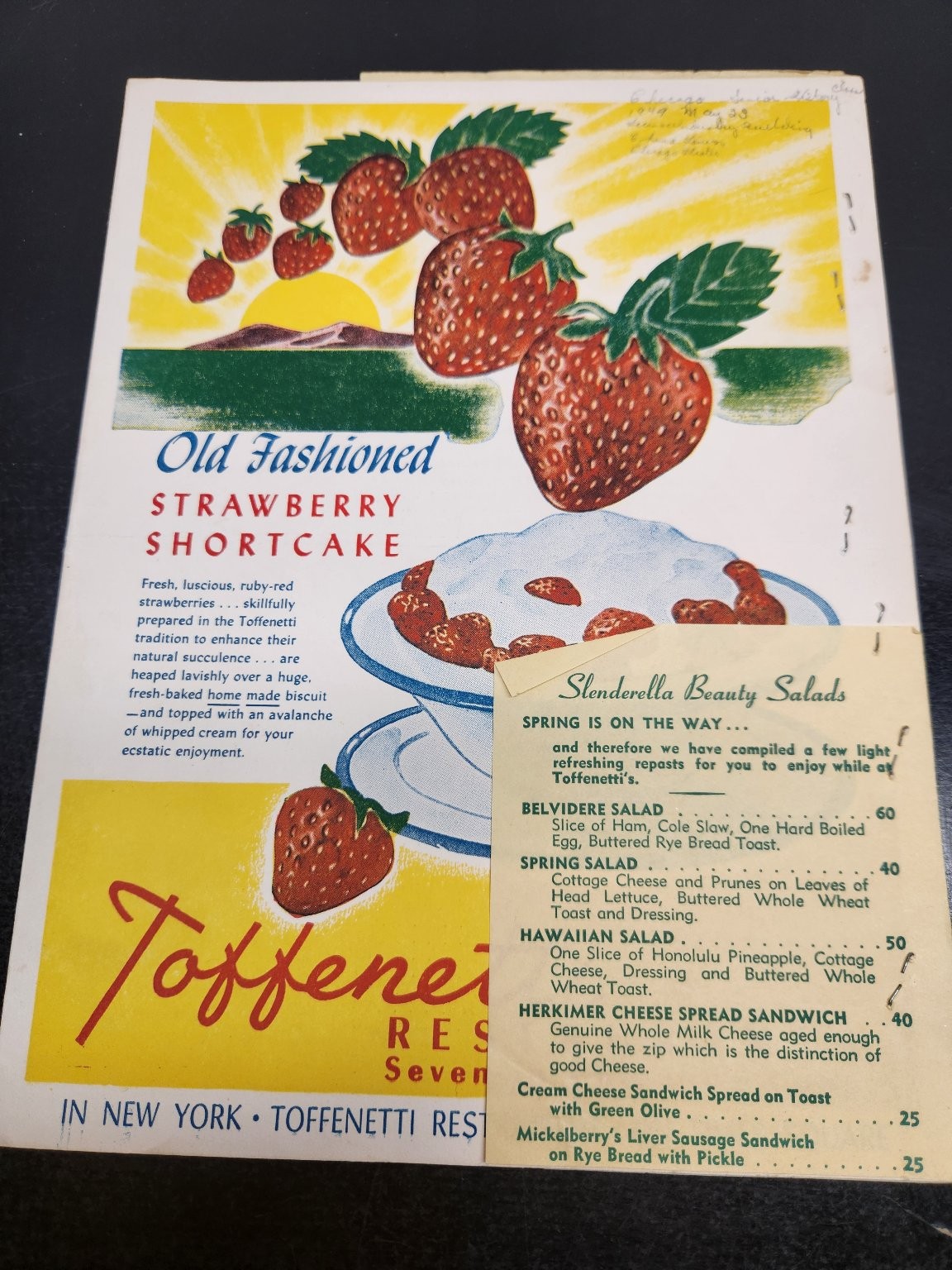 Vintage 1949 Toffenetti Restaurants Chicago New York Menu Strawberry Shortcake Vintage 1949 Toffenetti Restaurants Chicago New York Menu Strawberry Shortcake