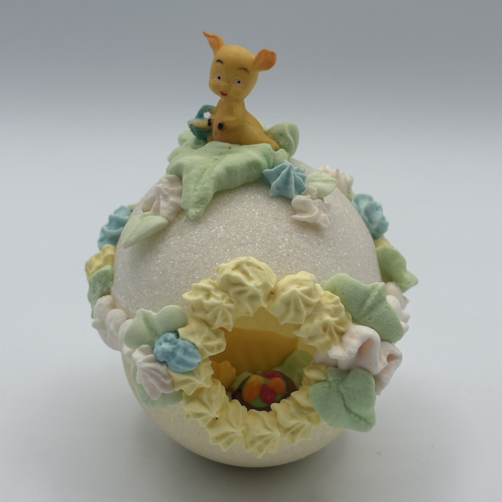 Vintage Easter Spring Egg Sugar Diorama Panoramic Piglet Holding Basket & Ducks