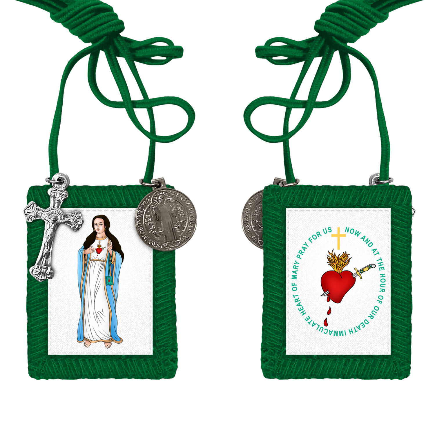 GREEN SCAPULAR IN COLOR, benedictine or saint benedict medal, and cross