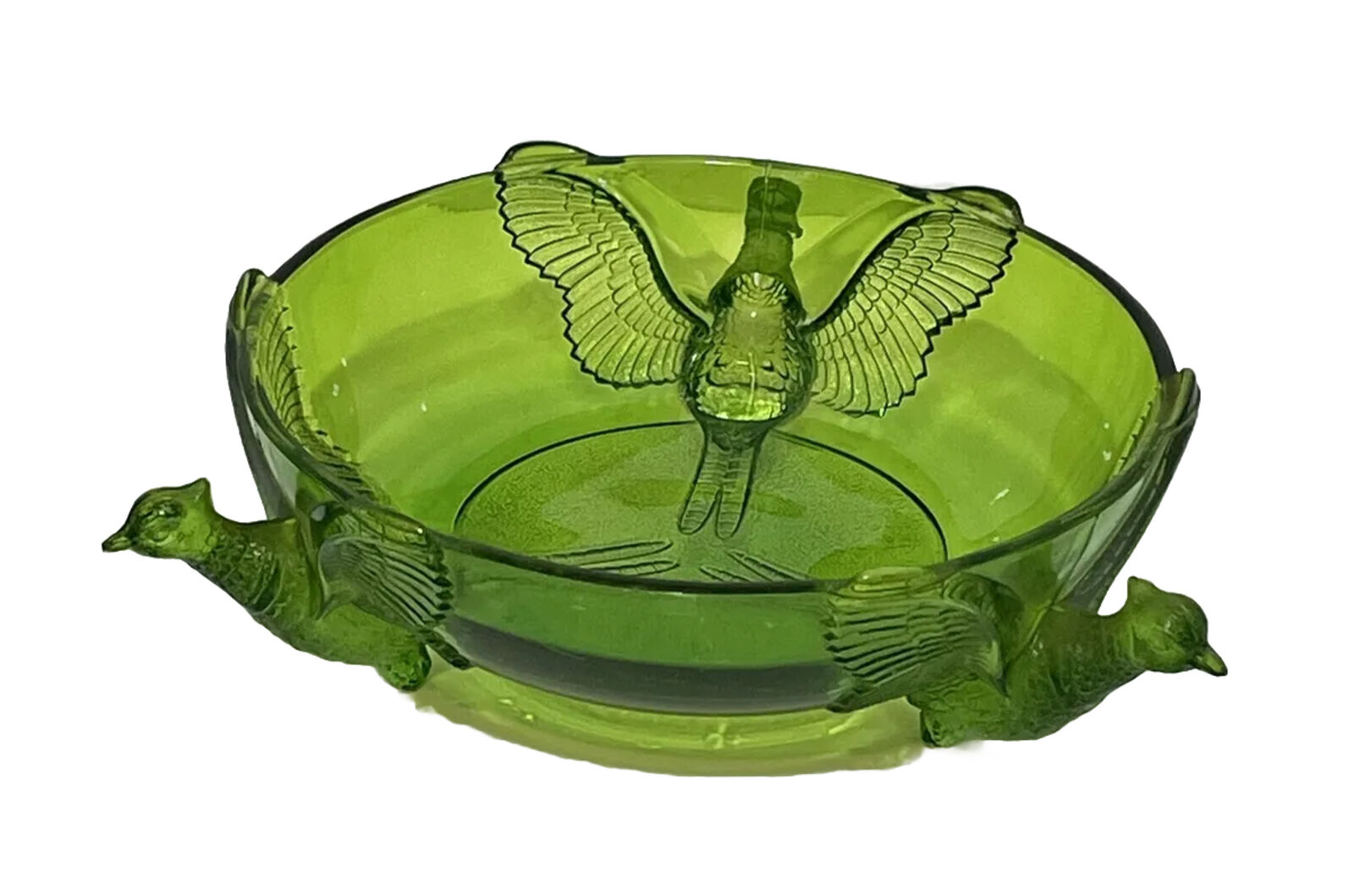 Vintage Jeanette Glass Co. Footed Green Three Pheasants Console Bowl  2-7/8\