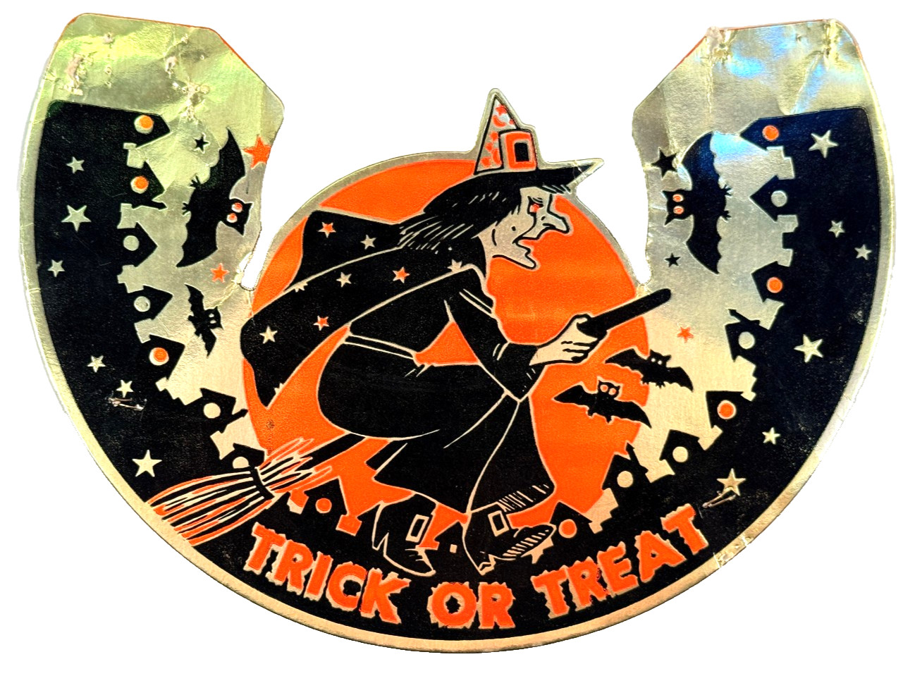 vtg 1960\'s Diecut Halloween Party Hat Gold embossed Witch Moon