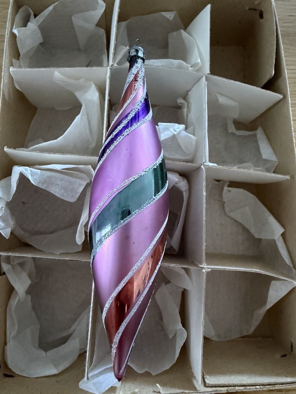 Vintage Poland Candy Stripe Teardrop  Glass Christmas Ornament. ( No Box )