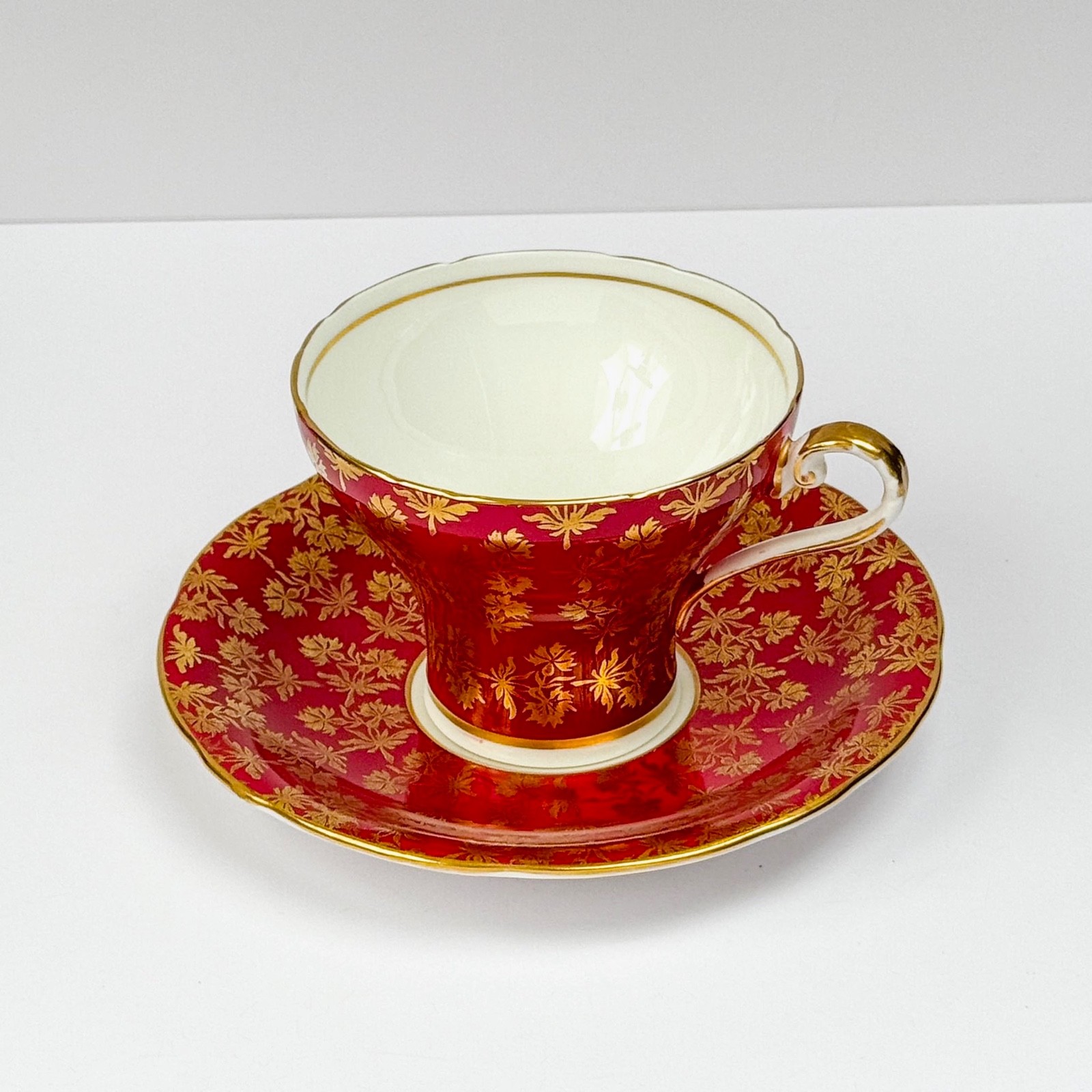 Vintage Aynsley Bone China Corset Teacup/Saucer Gold Flowers on Ruby Red England