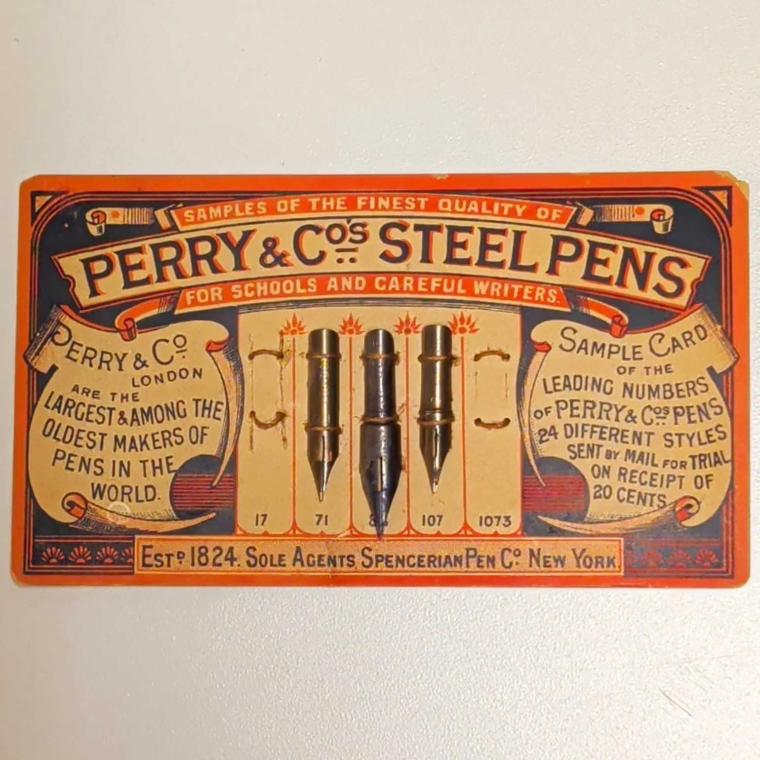 Antique Perry & Co Steel Dip Pen Nib Sample Card Spencerian Advertising