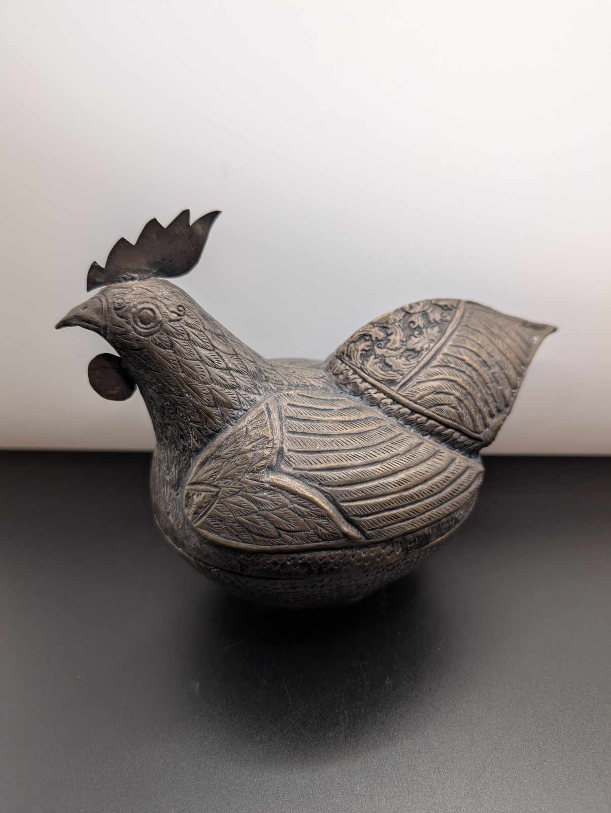 Vintage 2Piece Bronze Tone Metal Rooster Chicken Trinket Box With Detailing 5x7