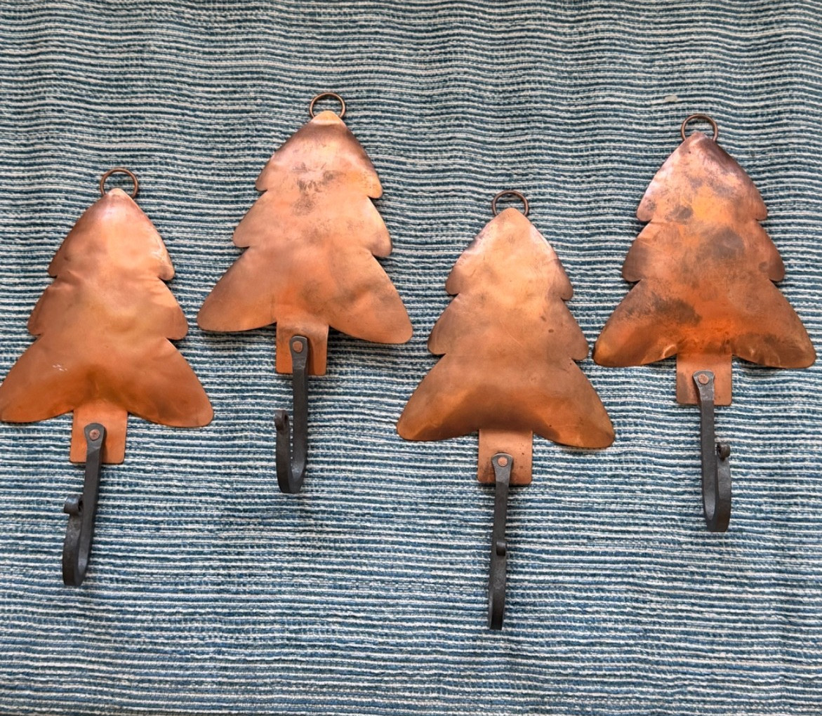 4 vintage copper and forged iron hooks 8 1/2 inches