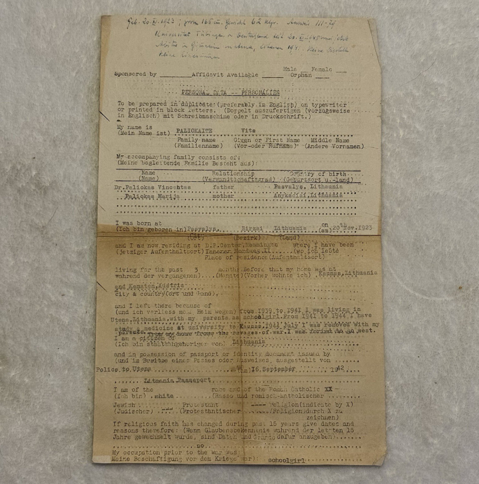 1946 WWII Displaced Person Form Lithuania DP Camp Immigration Document