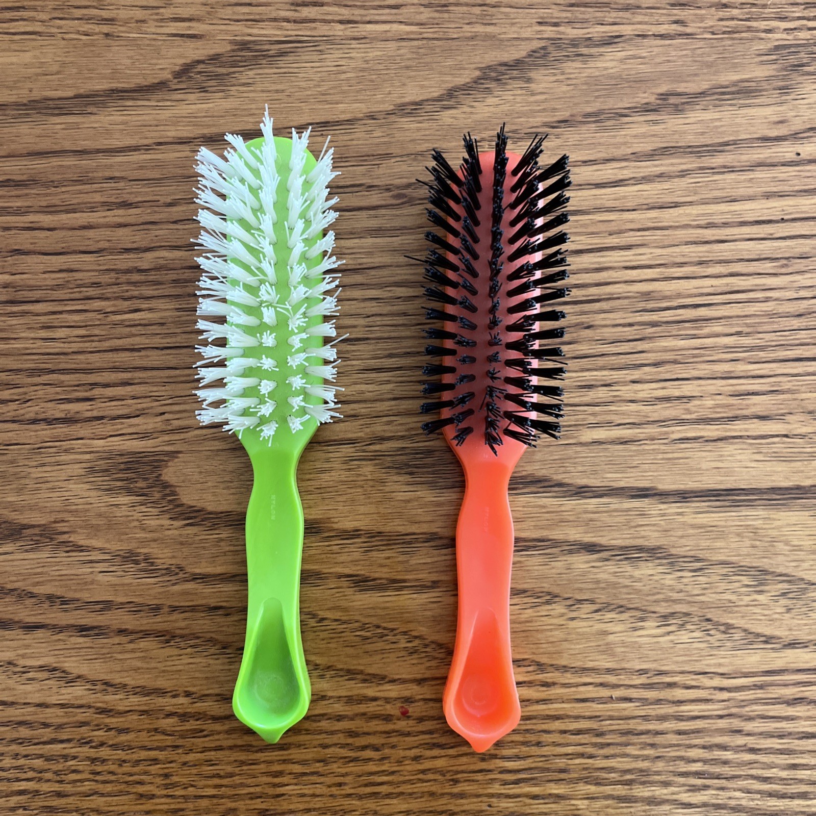 Vintage Orange & Green  Plastic Hair Brush Hard Bristles Faceted Handle Lot Of 2