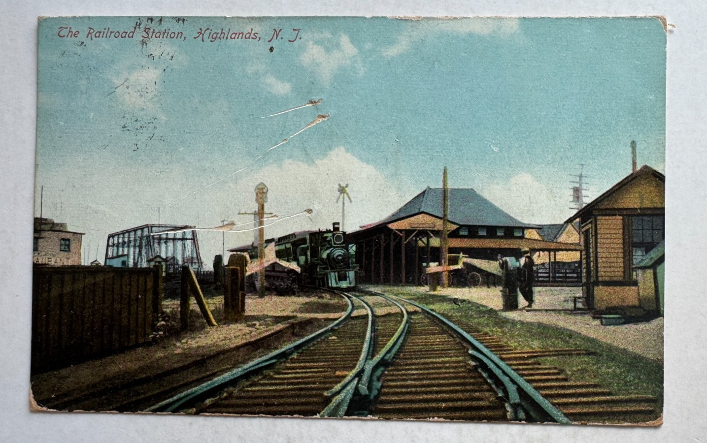 1909 NJ Postcard Highlands New Jersey Railroad Station Train Depot Tracks Engine