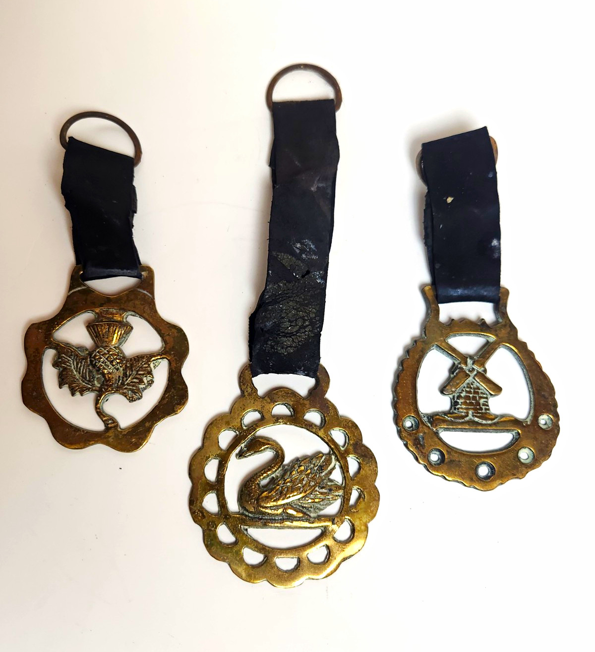 Vintage English Horse Brasses Swan Thistle Windmill Leather Equestrian Decor