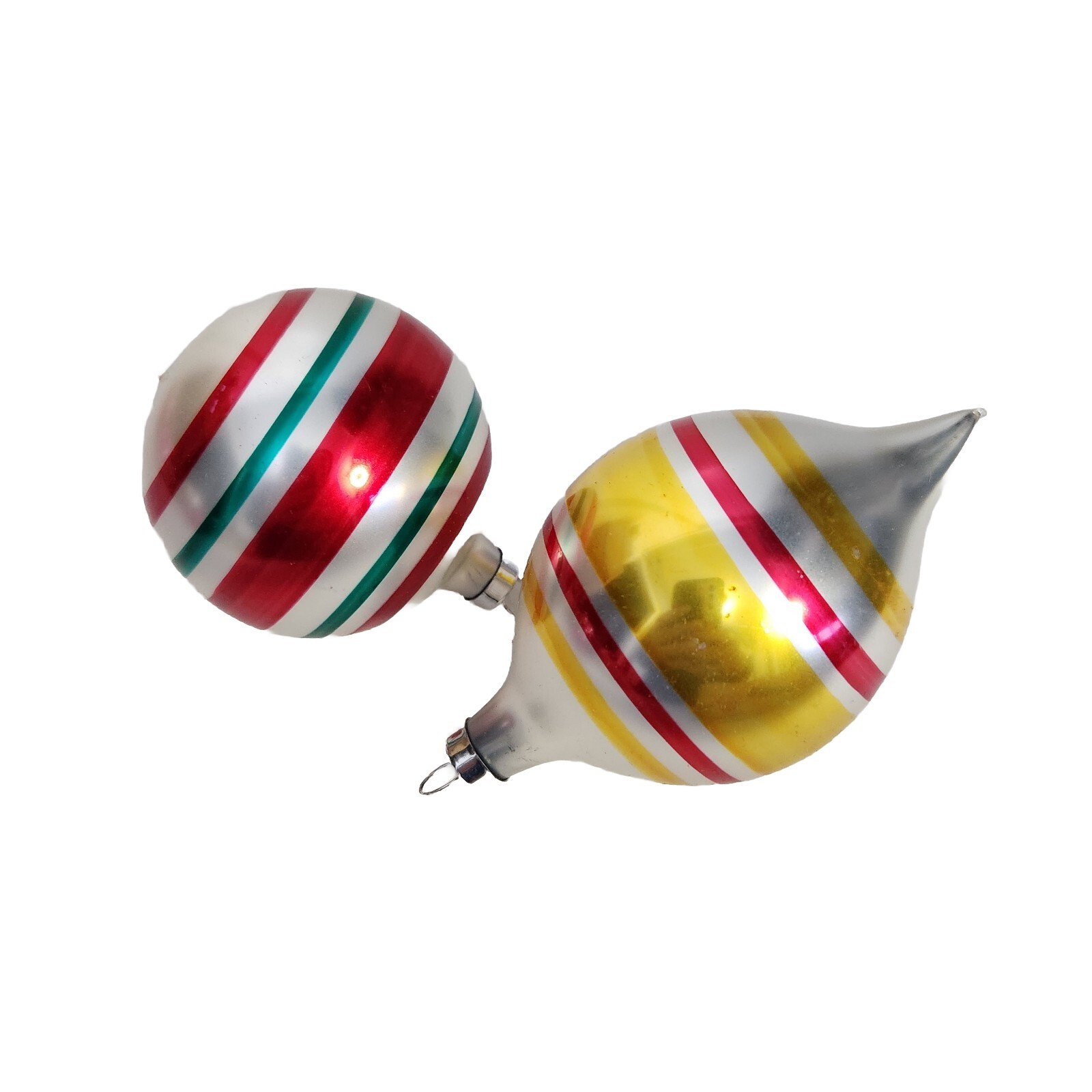 (2) Vintage Premier Striped Glass Christmas Tree Ornaments Teardrop Round Silver