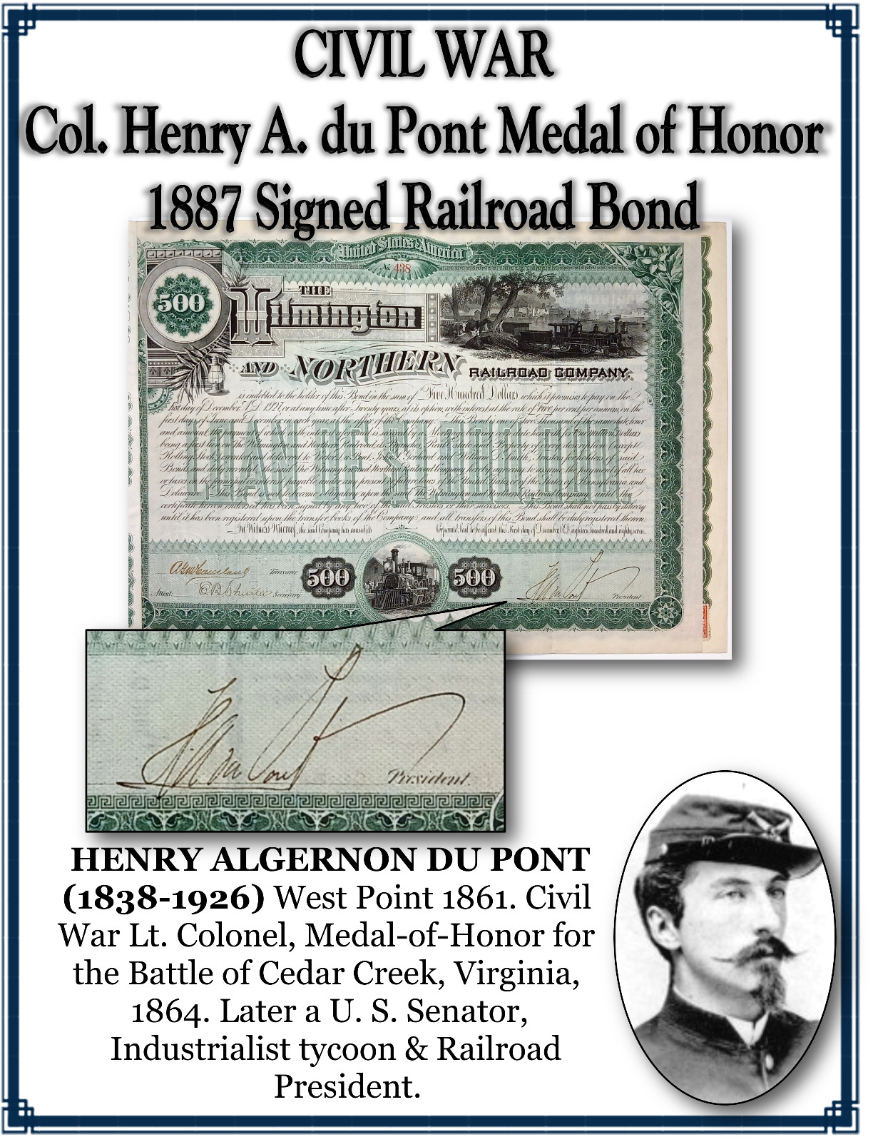 CIVIL WAR Col. Henry A. du Pont, Medal of Honor, 1887 Signed Railroad Bond