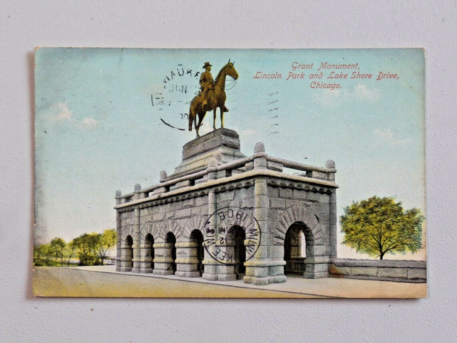 Vintage Grant Monument, Lincoln Park & Lake Shore Dr. Chicago 1908 Postcard 6515