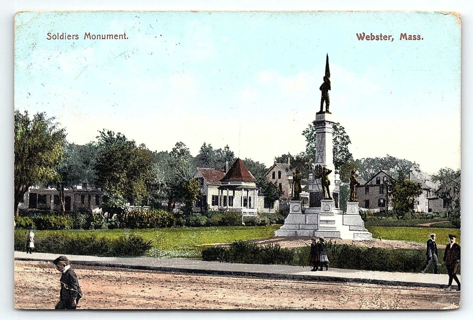 1909 WEBSTER MASSACHUSETTS SOLDIERS MONUMENT POLY-CHROME POSTCARD P3594