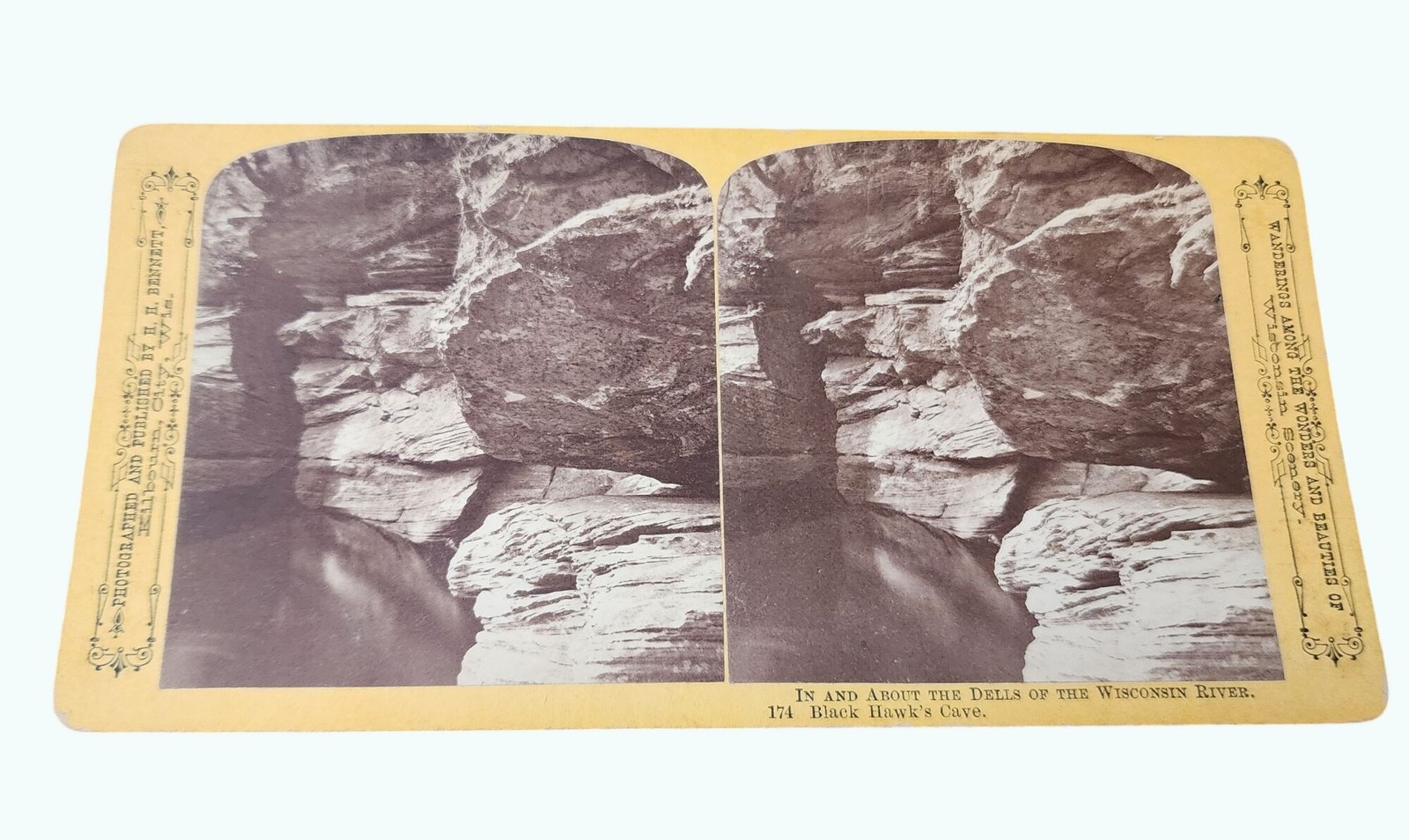 Antique Stereoview Black Hawks Cave Wisconsin River Dells H.H. Bennett 174