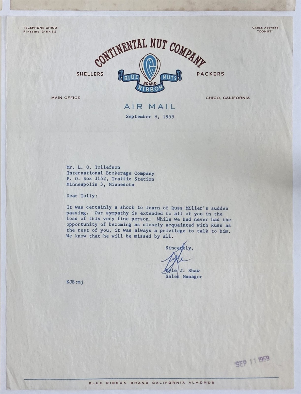 1959 vintage CONTINENTAL NUT CO chico ca LETTERHEAD condolence L O Tollefson