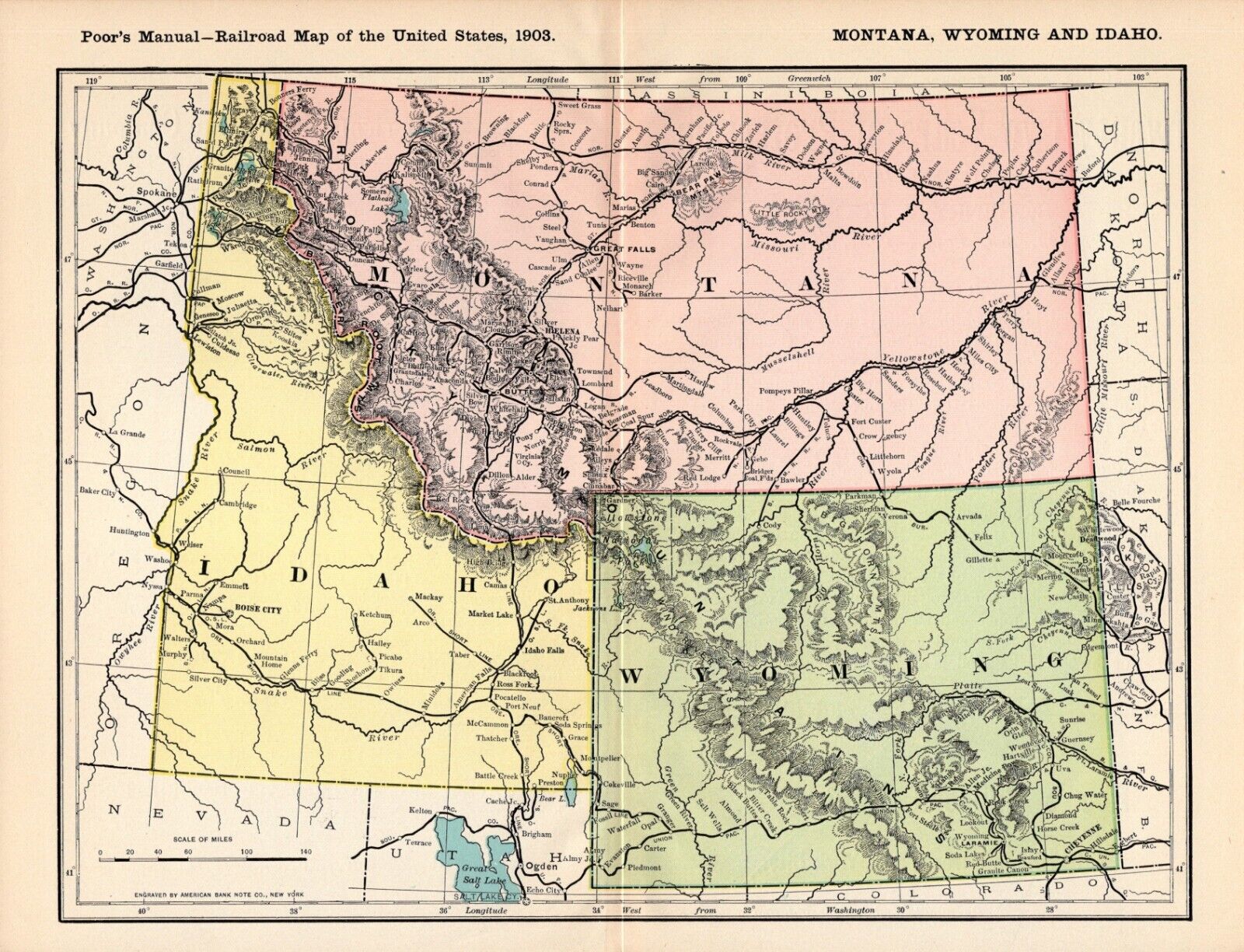 1903 Antique Montana Wyoming and Idaho Railroad Map Railway Map 674
