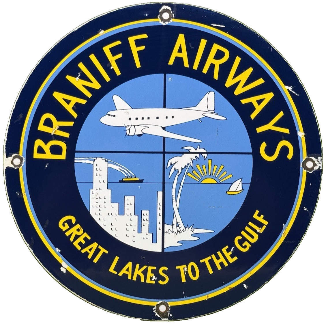 VINTAGE BRANIFF AIRWAYS PORCELAIN SIGN GREAT LAKES TO THE GULF AVIATION AIRLINE