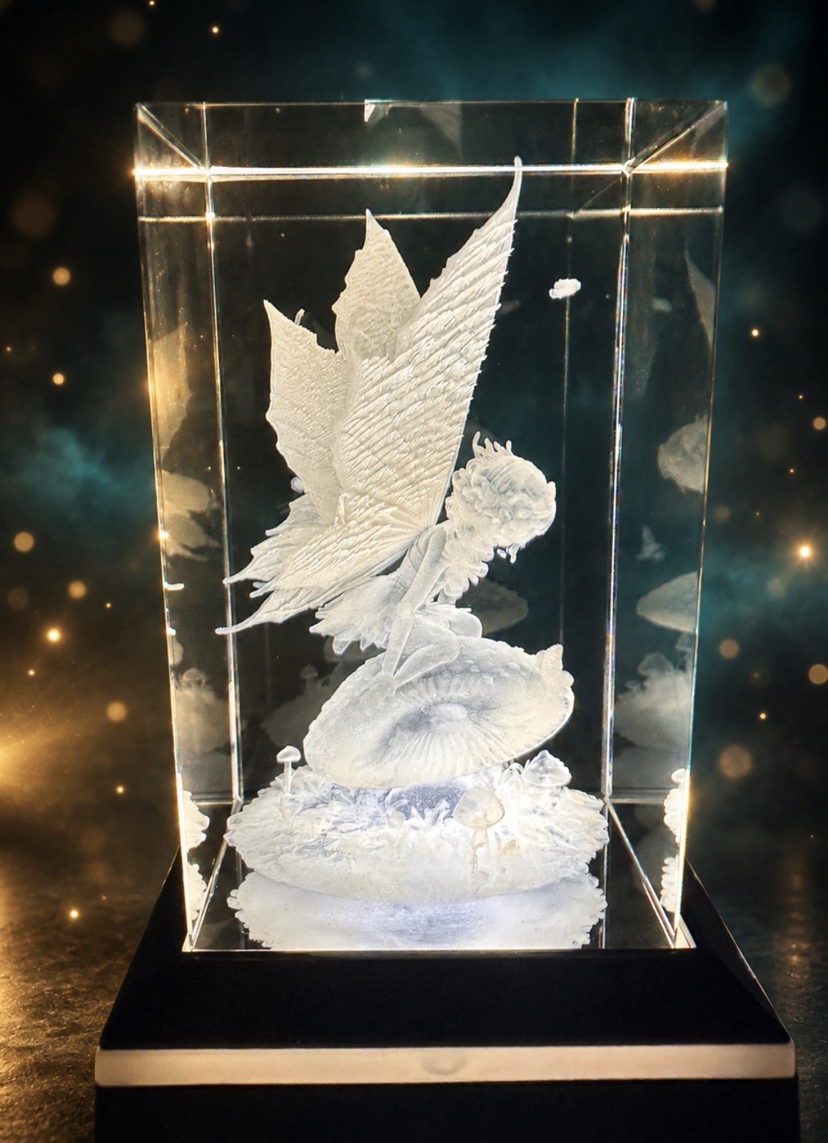 3D Engraved Crystal Fairy on Mushroom LED Night Light  Enchanted Garden Decor