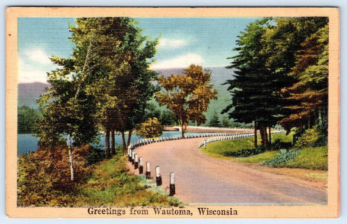 1947 GREETINGS FROM WAUTOMA WISCONSIN WI VINTAGE LINEN POSTCARD