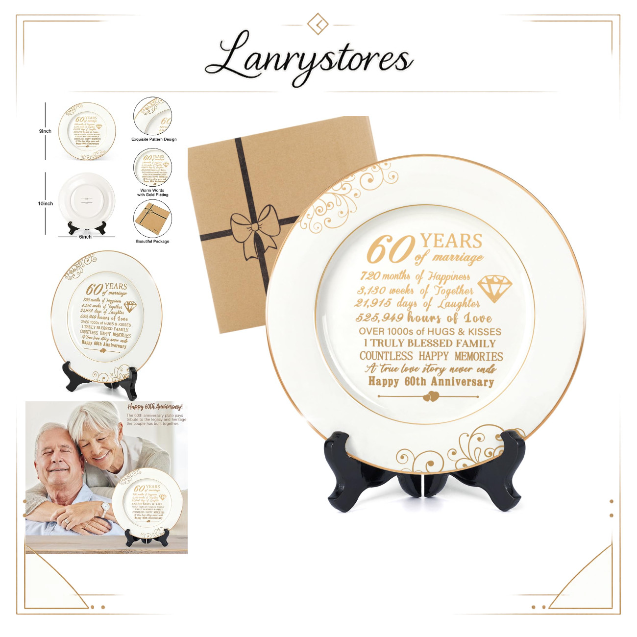 60th Anniversary Plate 24k Gold Foil - Diamond Wedding Gift for Parents, Grandpa