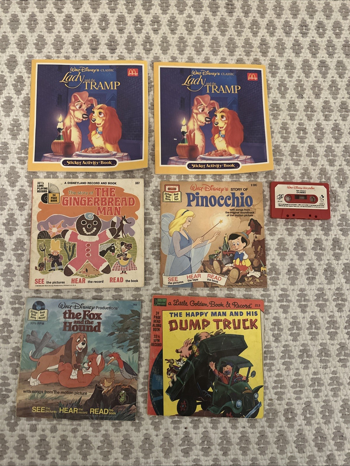 Vintage Lot of 6 Walt Disney Books Read Along Records, Cassette, Sticker Book