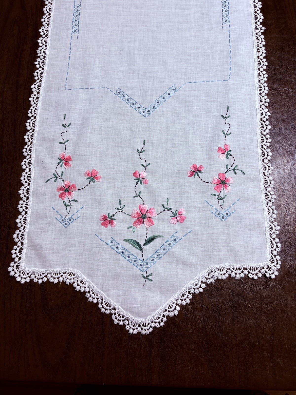 Vintage Embroidered Pink Dogwood Dresser Scarf  17x 46\